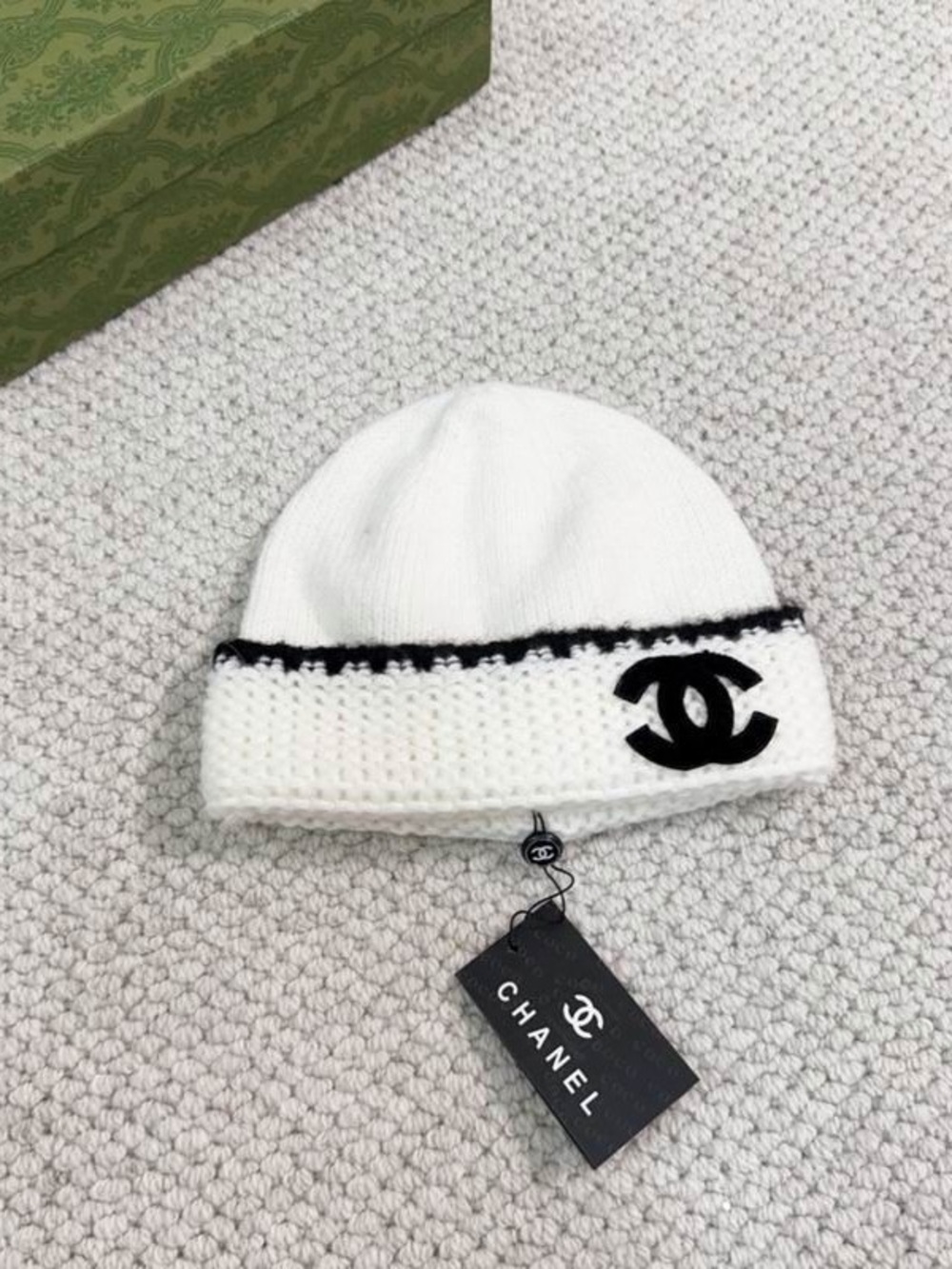White Knit Beanie with black stitching warm for winter ❄️